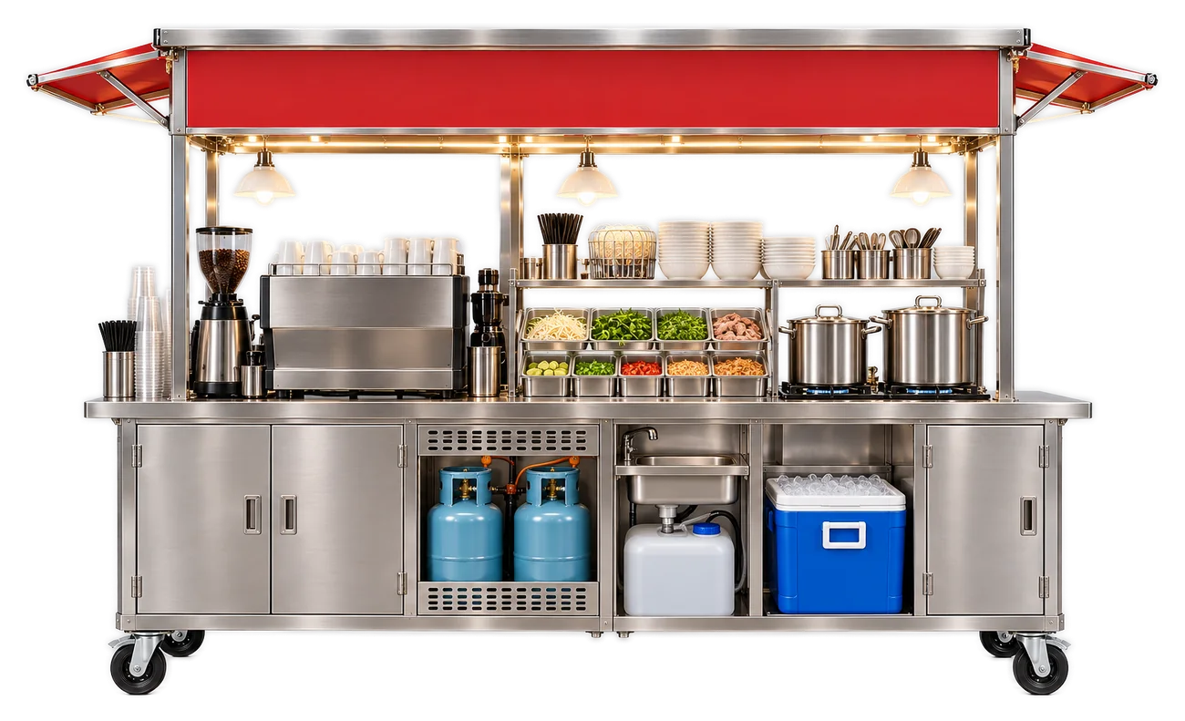 Mặt sau xe quầy GIMI: tủ inox, bồn rửa, thùng đá, chỗ đặt bình gas