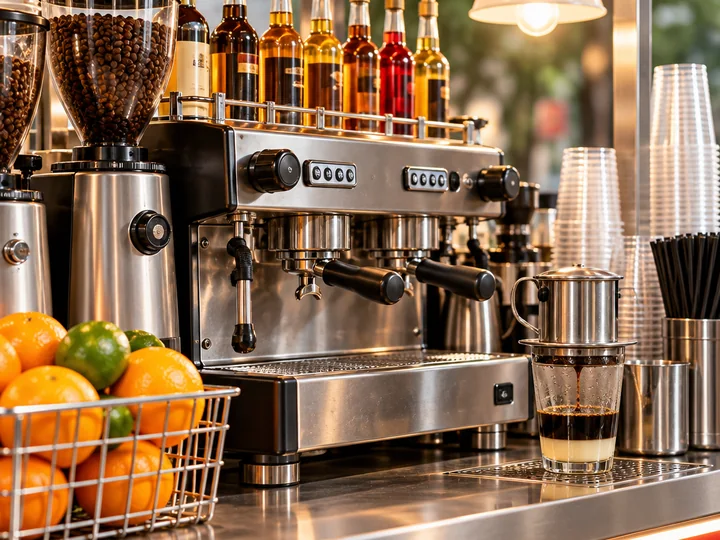 Khu pha chế với máy pha cà phê và máy xay